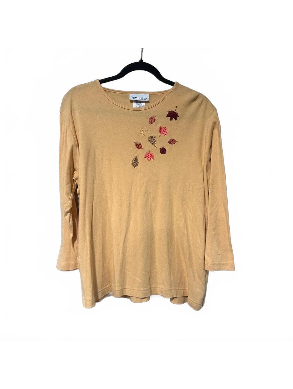 Women's Long Sleeve Top in Tan with Leaf Accents